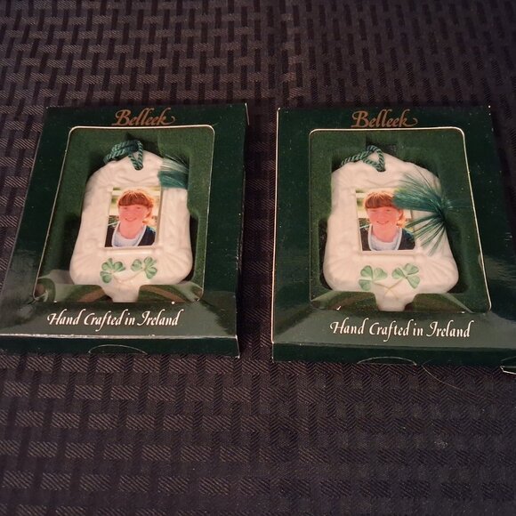 Belleek Christmas Hanging Ornament Small Bell Shaped Picture Frame Set of 2 NIB - Picture 1 of 5